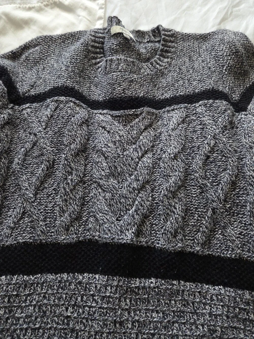 Madewell Women's Medium Marled Gray & Black Striped Cable Knit Pullover Sweater